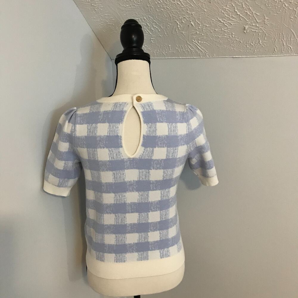 Anthropologie Maeve The Harmon Puff Sleeve Sweater Tee Blue Gingham XSP - Picture 4 of 10